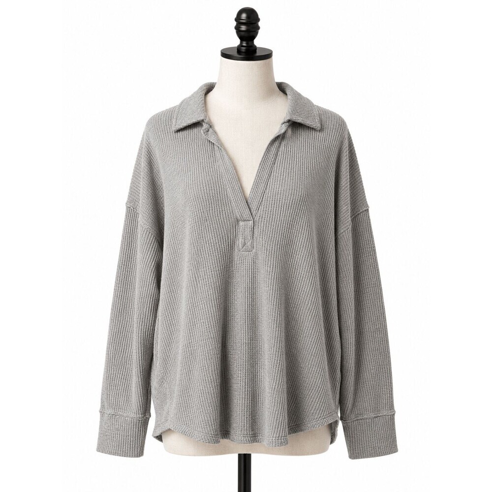 Aerie Waffleknit Thermal V-Neck Top Size XXL Grey Collared Long Sleeve Pullover